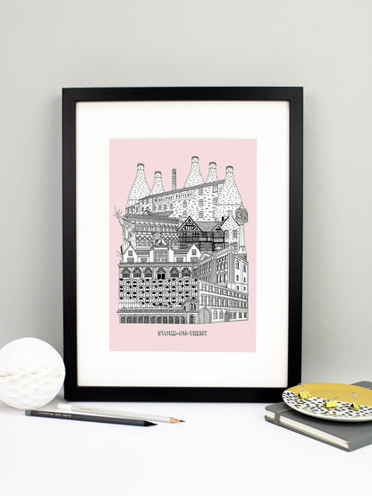 Beautifully detailed Stoke-on-Trent illustration print. The perfect gift for an engagement, wedding, birthday, anniversary and house warming. It features all the well known buildings and landmarks from the UK city. The buildings and landmarks featured are: Trentham Estate, Gladstone Pottery Museum, One Smithfield in Hanley, Stoke Train Station, Victoria Hall in Hanley, Blue Clock in Hanley, Ford Green Hall, Wedgwood Institute in Burslem, The Man of Fire (aka the Spiky Man or Jack Frost!) and Middleport Pott