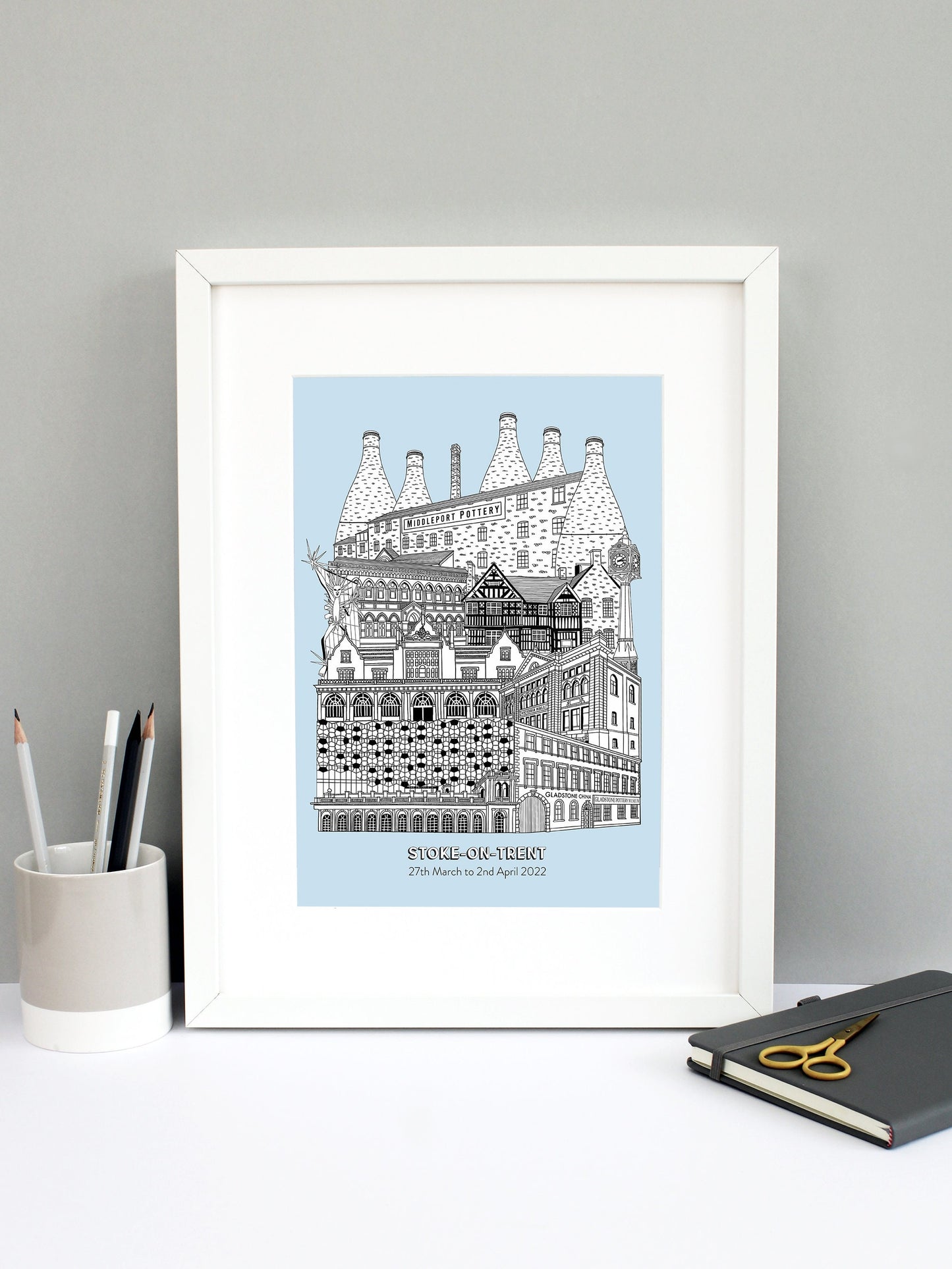 Beautifully detailed Stoke-on-Trent illustration print. The perfect gift for an engagement, wedding, birthday, anniversary and house warming. It features all the well known buildings and landmarks from the UK city. The buildings and landmarks featured are: Trentham Estate, Gladstone Pottery Museum, One Smithfield in Hanley, Stoke Train Station, Victoria Hall in Hanley, Blue Clock in Hanley, Ford Green Hall, Wedgwood Institute in Burslem, The Man of Fire (aka the Spiky Man or Jack Frost!) and Middleport Pott