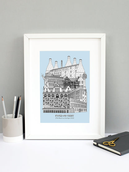 Beautifully detailed Stoke-on-Trent illustration print. The perfect gift for an engagement, wedding, birthday, anniversary and house warming. It features all the well known buildings and landmarks from the UK city. The buildings and landmarks featured are: Trentham Estate, Gladstone Pottery Museum, One Smithfield in Hanley, Stoke Train Station, Victoria Hall in Hanley, Blue Clock in Hanley, Ford Green Hall, Wedgwood Institute in Burslem, The Man of Fire (aka the Spiky Man or Jack Frost!) and Middleport Pott