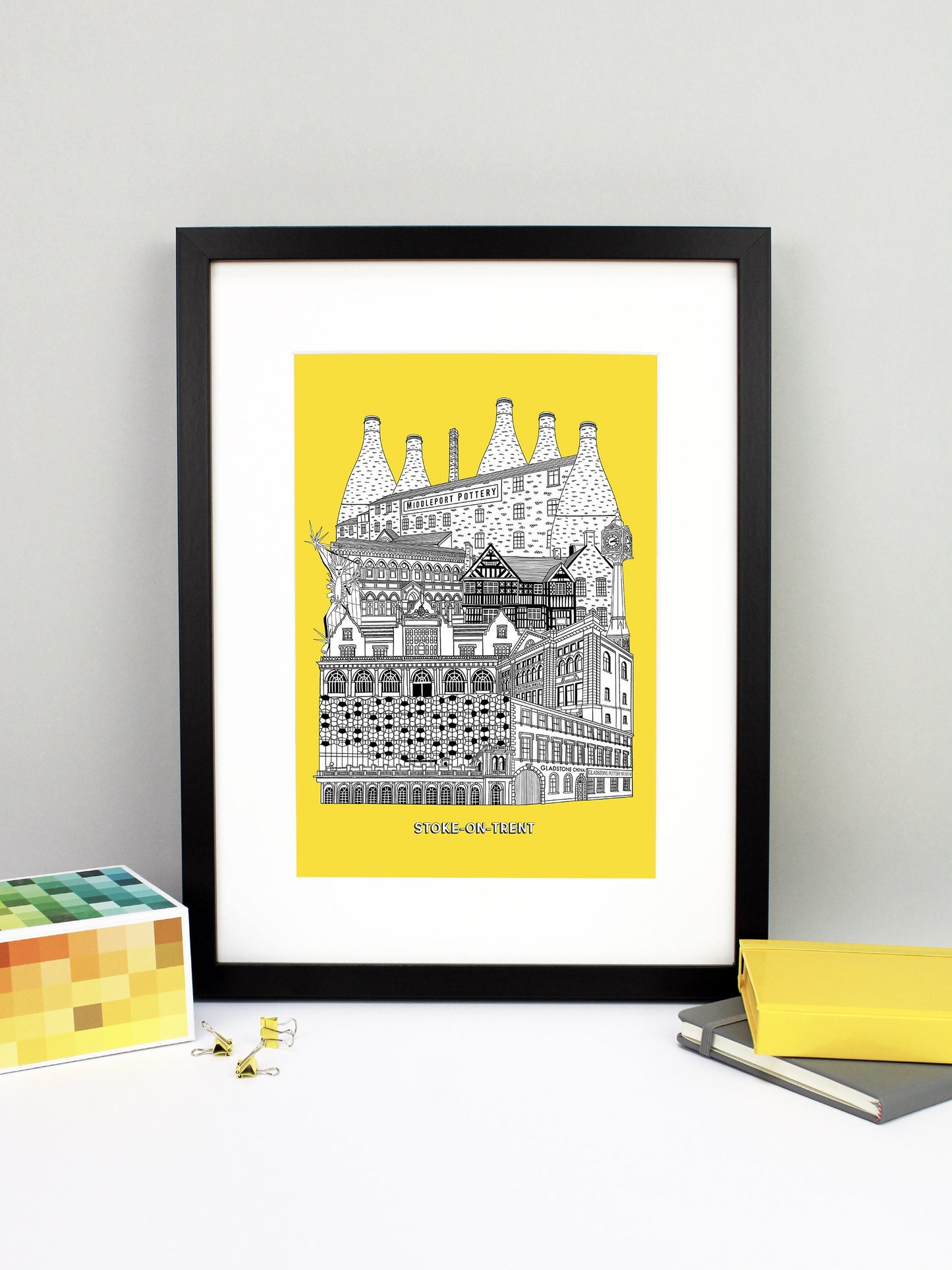 Beautifully detailed Stoke-on-Trent illustration print. The perfect gift for an engagement, wedding, birthday, anniversary and house warming. It features all the well known buildings and landmarks from the UK city. The buildings and landmarks featured are: Trentham Estate, Gladstone Pottery Museum, One Smithfield in Hanley, Stoke Train Station, Victoria Hall in Hanley, Blue Clock in Hanley, Ford Green Hall, Wedgwood Institute in Burslem, The Man of Fire (aka the Spiky Man or Jack Frost!) and Middleport Pott
