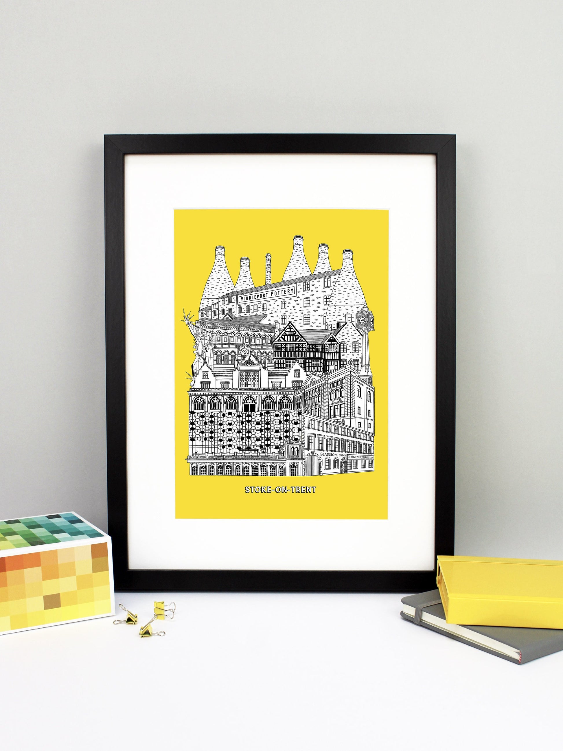 Beautifully detailed Stoke-on-Trent illustration print. The perfect gift for an engagement, wedding, birthday, anniversary and house warming. It features all the well known buildings and landmarks from the UK city. The buildings and landmarks featured are: Trentham Estate, Gladstone Pottery Museum, One Smithfield in Hanley, Stoke Train Station, Victoria Hall in Hanley, Blue Clock in Hanley, Ford Green Hall, Wedgwood Institute in Burslem, The Man of Fire (aka the Spiky Man or Jack Frost!) and Middleport Pott