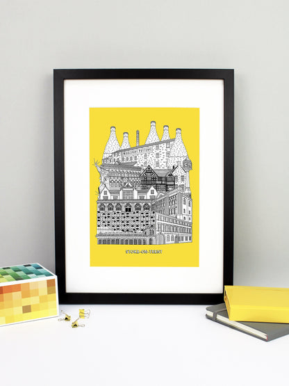 Beautifully detailed Stoke-on-Trent illustration print. The perfect gift for an engagement, wedding, birthday, anniversary and house warming. It features all the well known buildings and landmarks from the UK city. The buildings and landmarks featured are: Trentham Estate, Gladstone Pottery Museum, One Smithfield in Hanley, Stoke Train Station, Victoria Hall in Hanley, Blue Clock in Hanley, Ford Green Hall, Wedgwood Institute in Burslem, The Man of Fire (aka the Spiky Man or Jack Frost!) and Middleport Pott